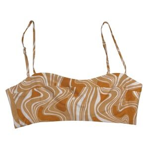 CAARA Orange White Swirl Marble Print Linen Blend Crop Top Bralette XS